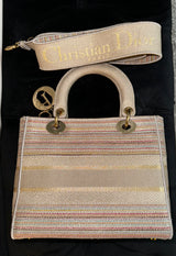 Christian Dior Bag Multicolor Stripes Embroidery Canvas Medium Lady D-lite Tote