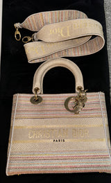 Christian Dior Bag Multicolor Stripes Embroidery Canvas Medium Lady D-lite Tote